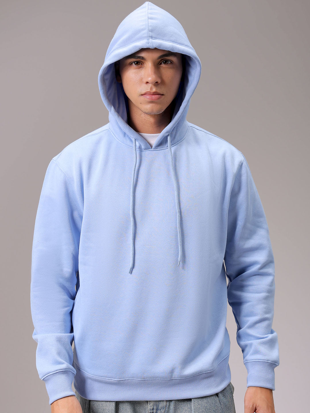 Men's Blue Regular Fit Solid Overhead Hooded Sweatshirt