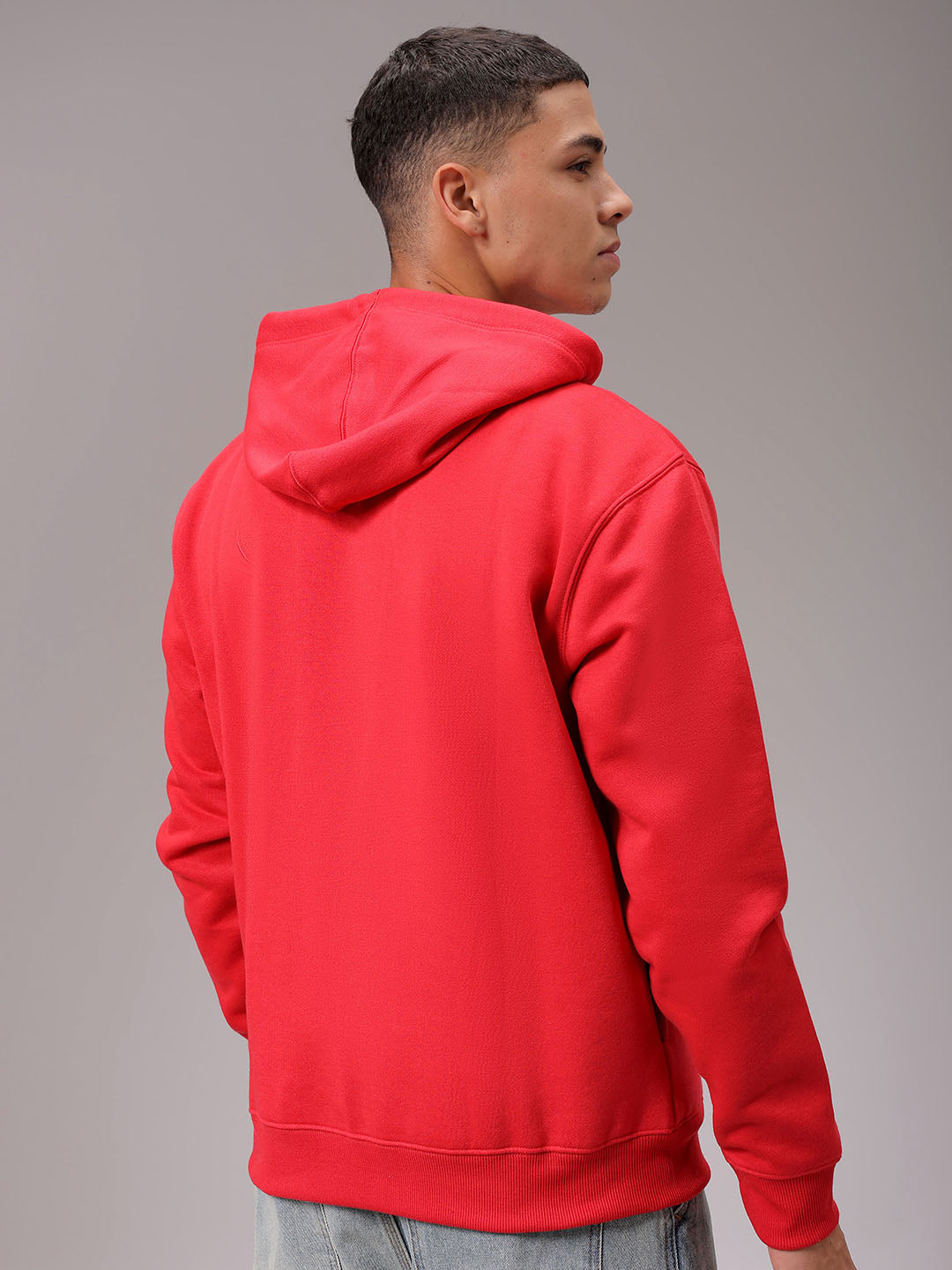 Men's Red Regular Fit Solid Overhead Hooded Sweatshirt