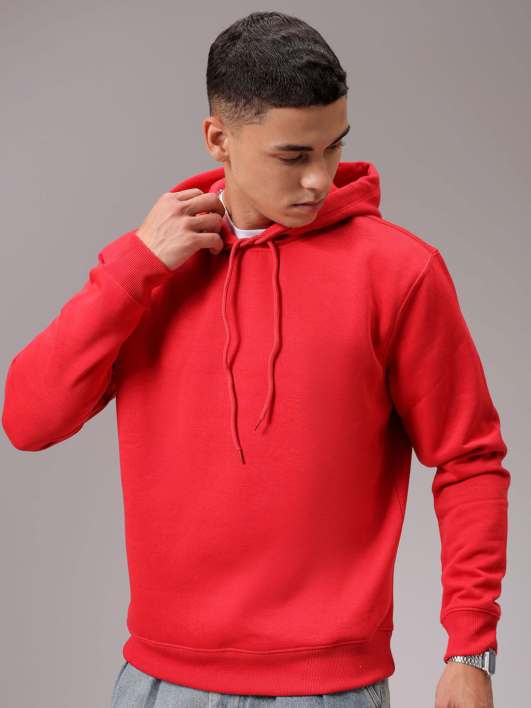 Men's Red Regular Fit Solid Overhead Hooded Sweatshirt
