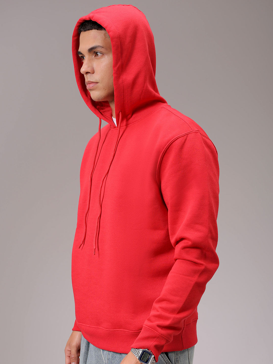 Men's Red Regular Fit Solid Overhead Hooded Sweatshirt