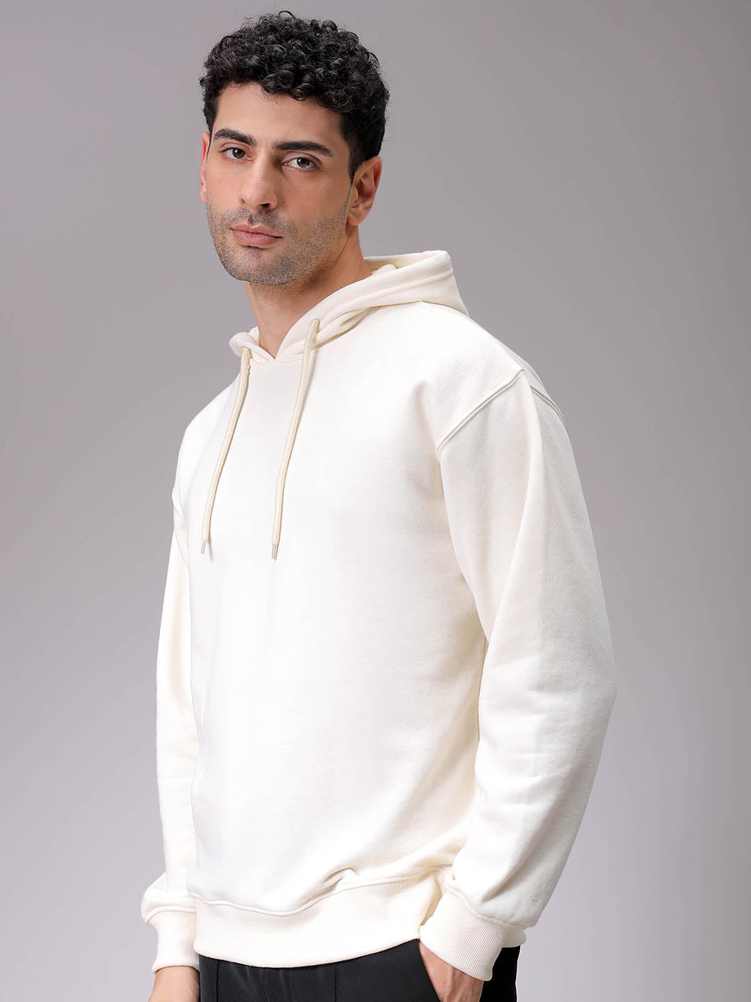 Men's Chalk Oversized Solid Overhead-Hooded Sweatshirt