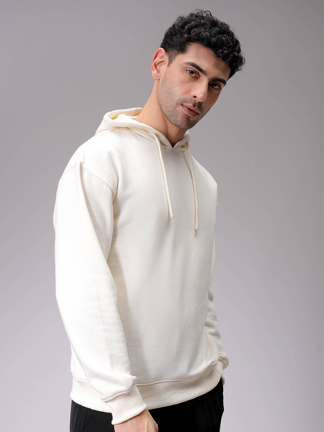 Men's Chalk Oversized Solid Overhead-Hooded Sweatshirt