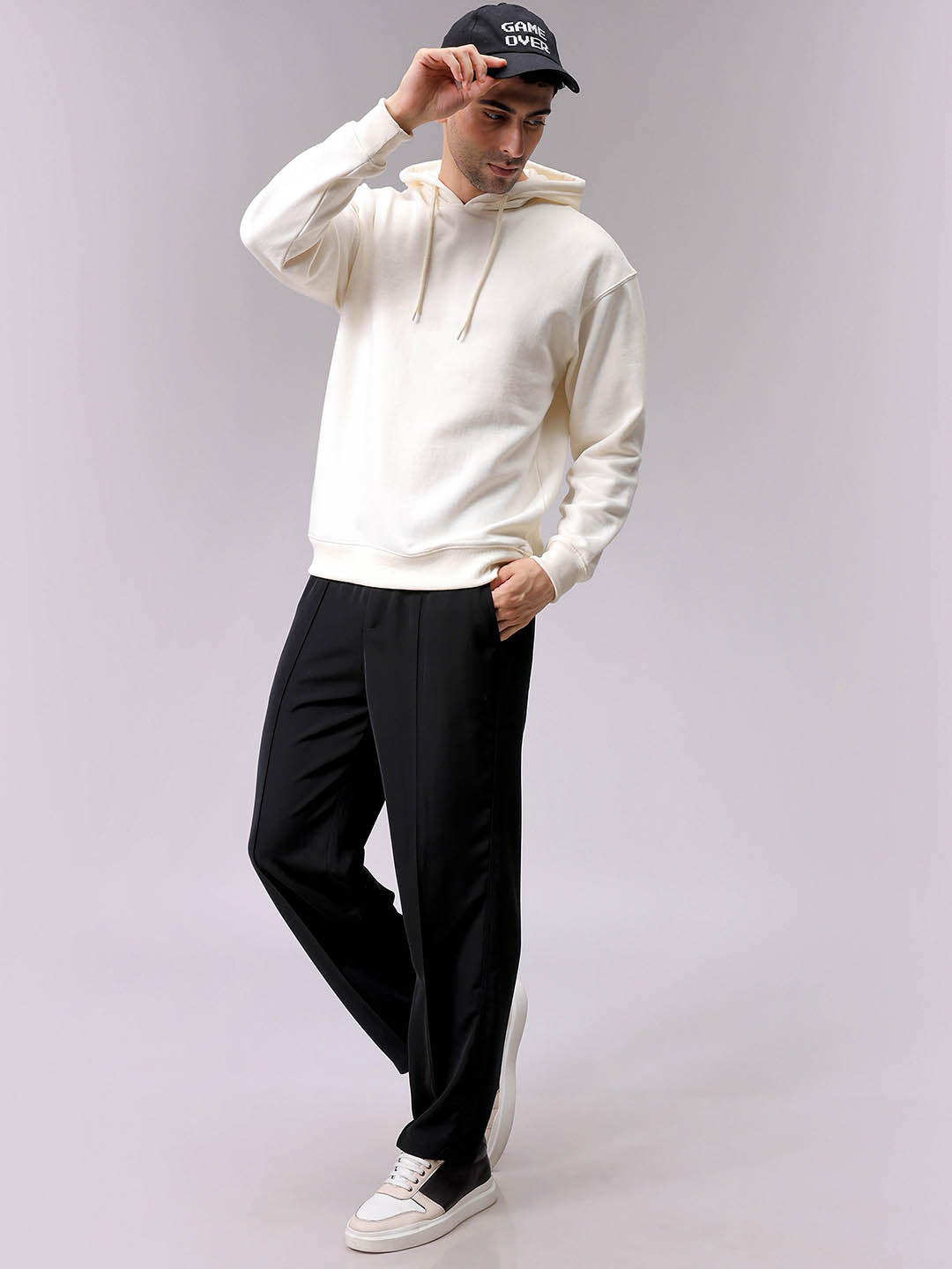 Men's Chalk Oversized Solid Overhead-Hooded Sweatshirt