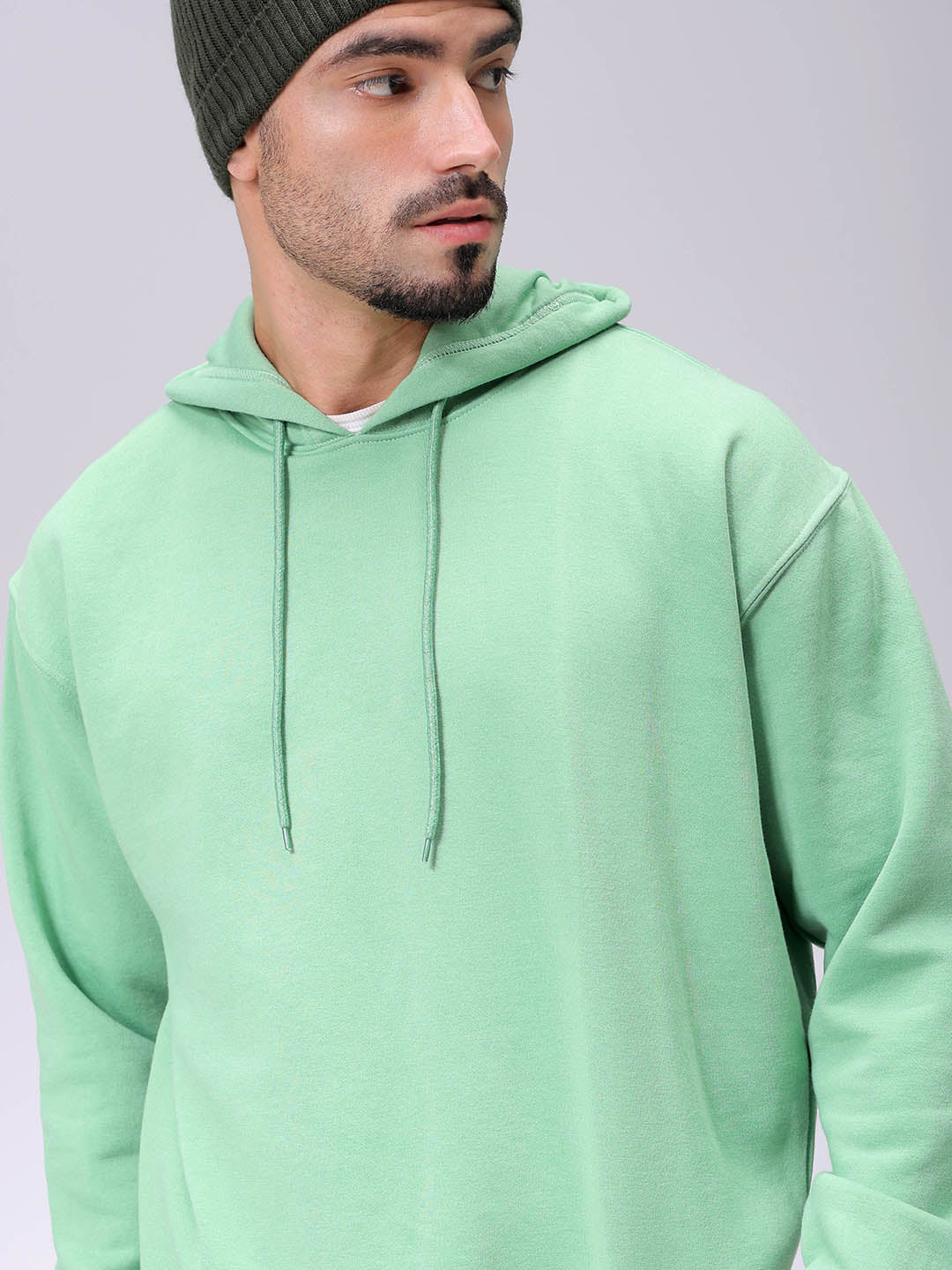 Men's Green Oversized Solid Overhead-Hooded Sweatshirt