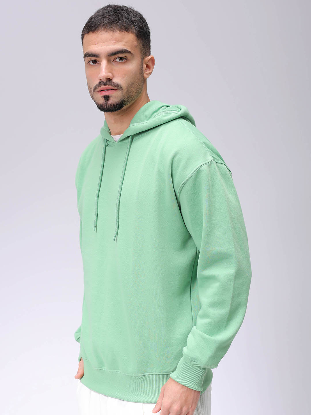 Men's Green Oversized Solid Overhead-Hooded Sweatshirt