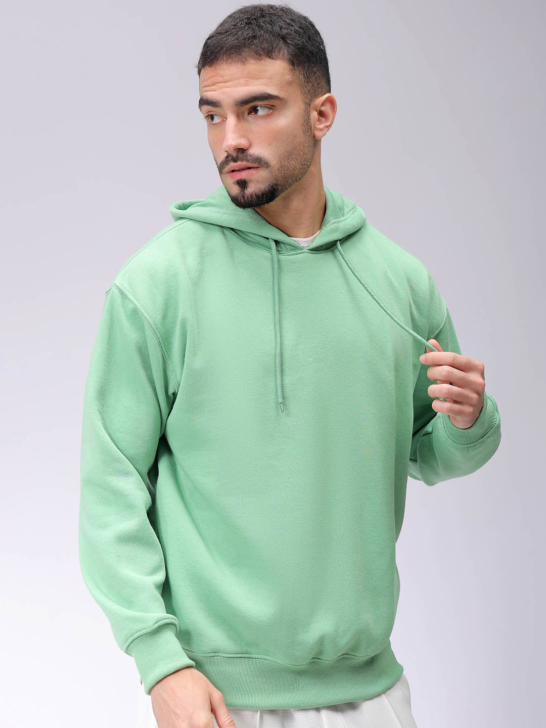 Men's Green Oversized Solid Overhead-Hooded Sweatshirt
