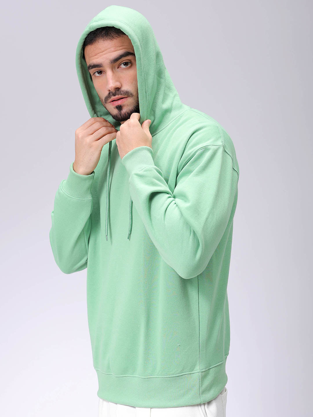 Men's Green Oversized Solid Overhead-Hooded Sweatshirt