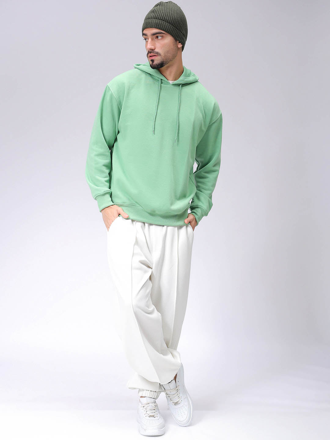 Men's Green Oversized Solid Overhead-Hooded Sweatshirt