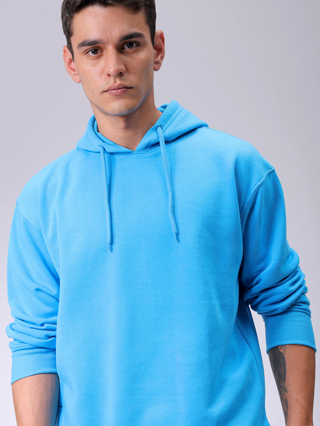 Men's Blue Oversized Solid Overhead-Hooded Sweatshirt