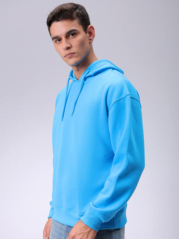 Men's Blue Oversized Solid Overhead-Hooded Sweatshirt