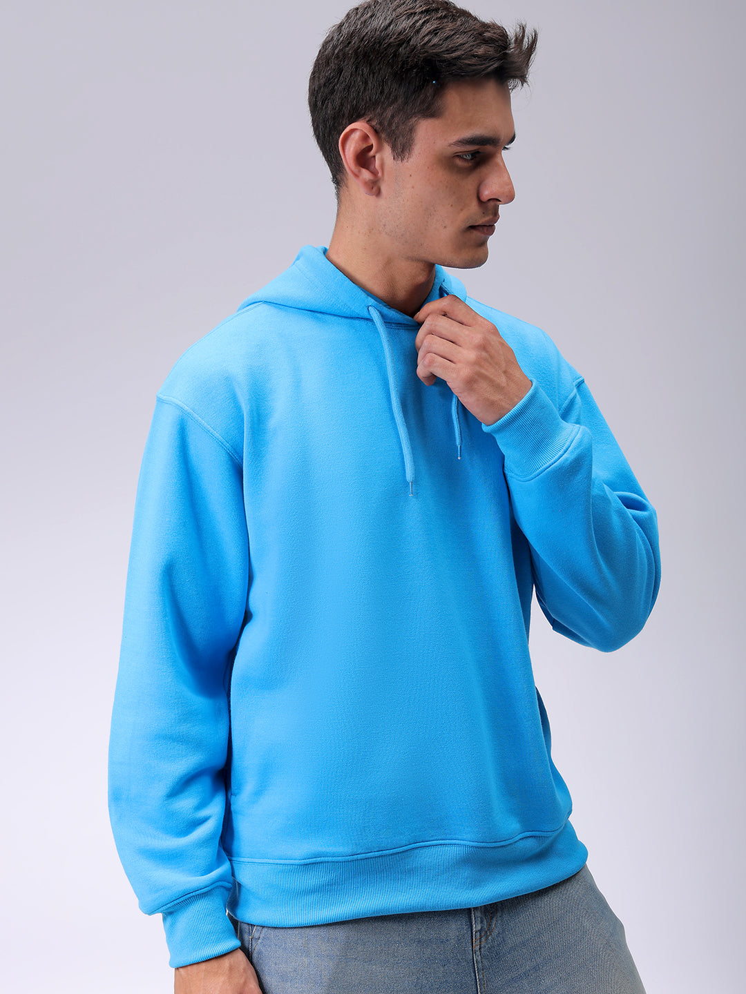 Men's Blue Oversized Solid Overhead-Hooded Sweatshirt