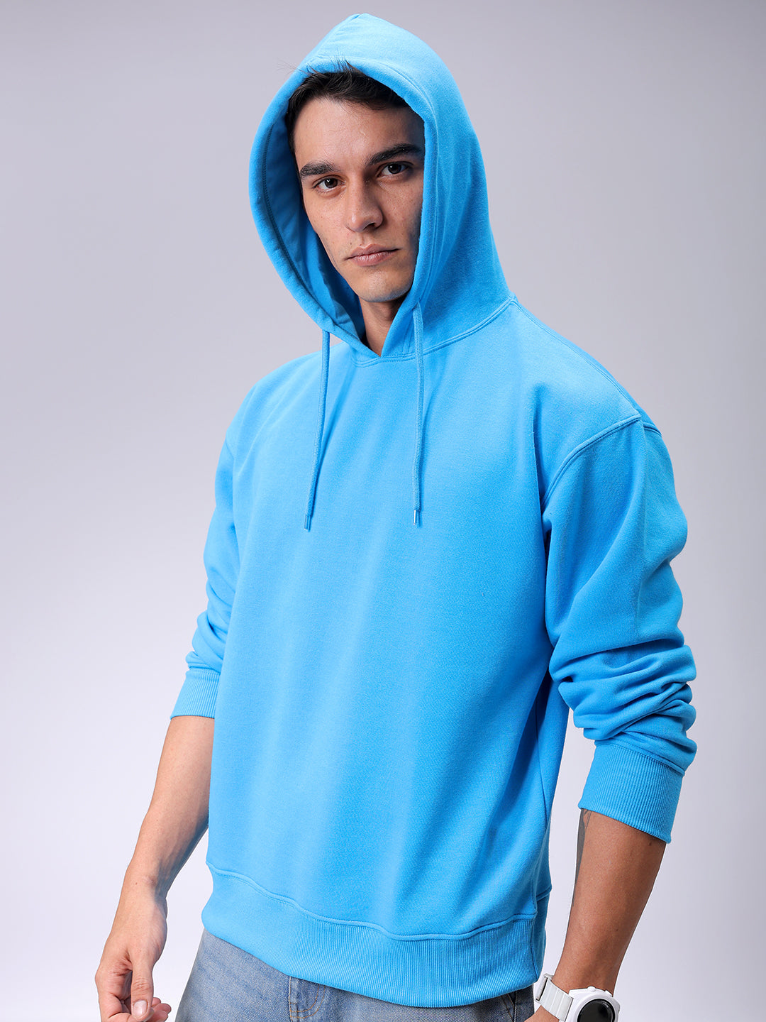 Men's Blue Oversized Solid Overhead-Hooded Sweatshirt