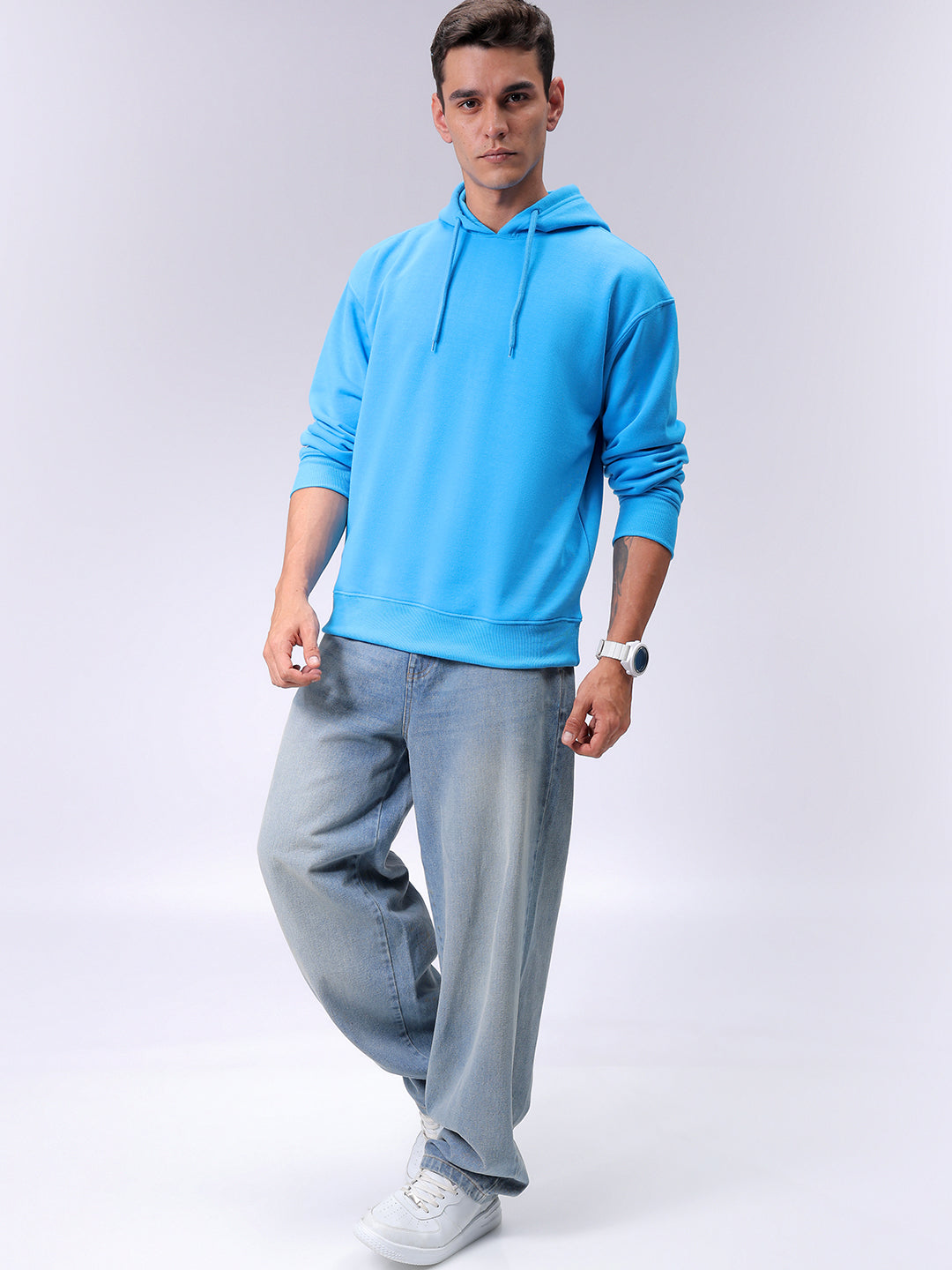 Men's Blue Oversized Solid Overhead-Hooded Sweatshirt