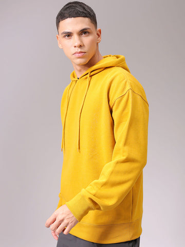 Men's Yellow Oversized Solid Overhead Hooded Sweatshirt