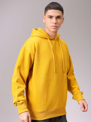 Men's Yellow Oversized Solid Overhead Hooded Sweatshirt