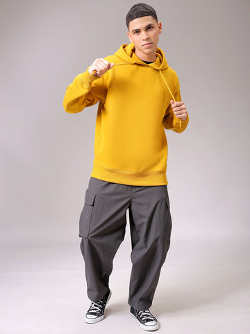 Men's Yellow Oversized Solid Overhead Hooded Sweatshirt