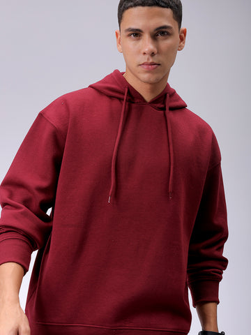 Men's Red Oversized Solid Overhead-Hooded Sweatshirt