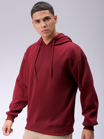 Men's Red Oversized Solid Overhead-Hooded Sweatshirt