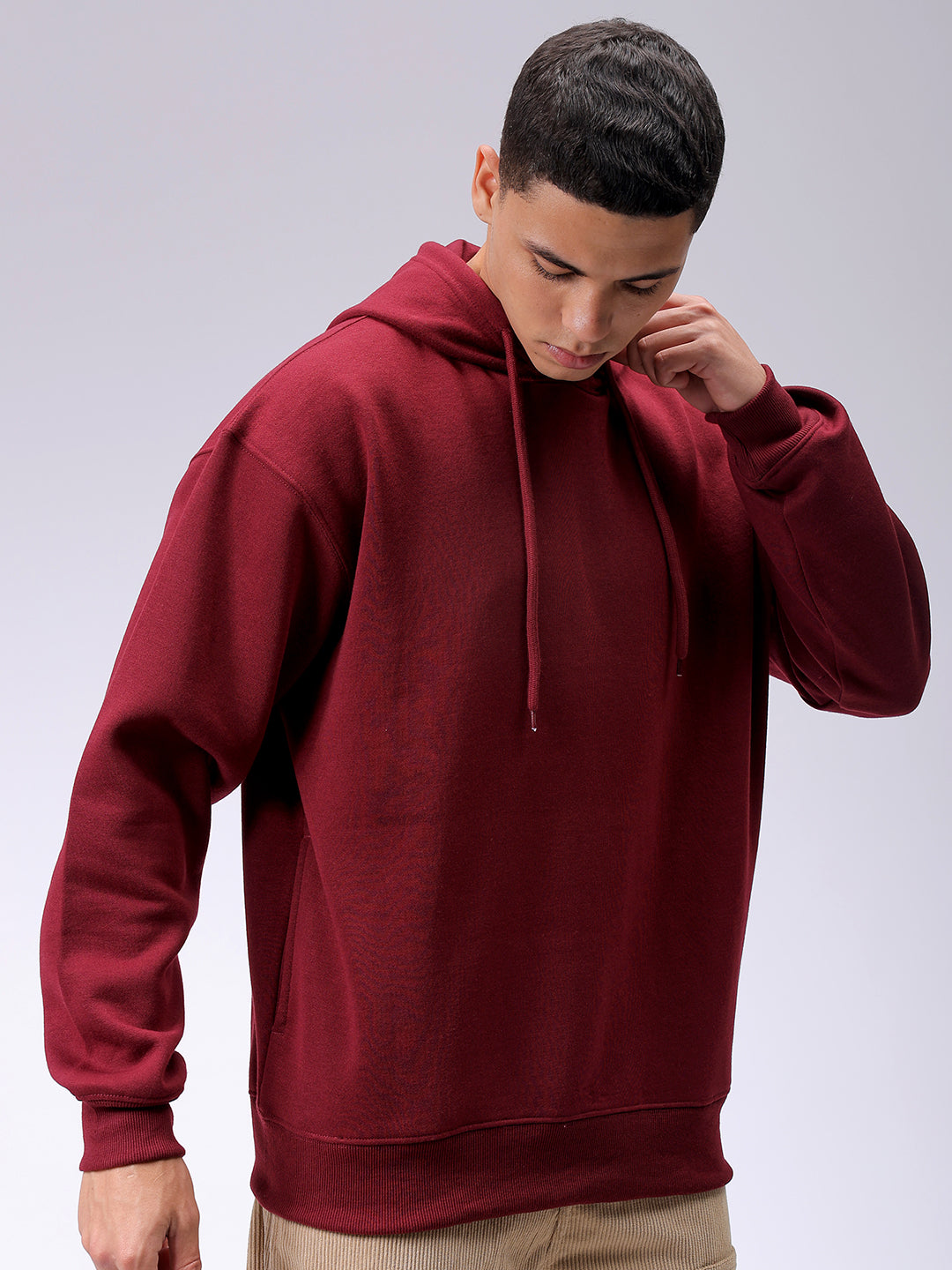 Men's Red Oversized Solid Overhead-Hooded Sweatshirt