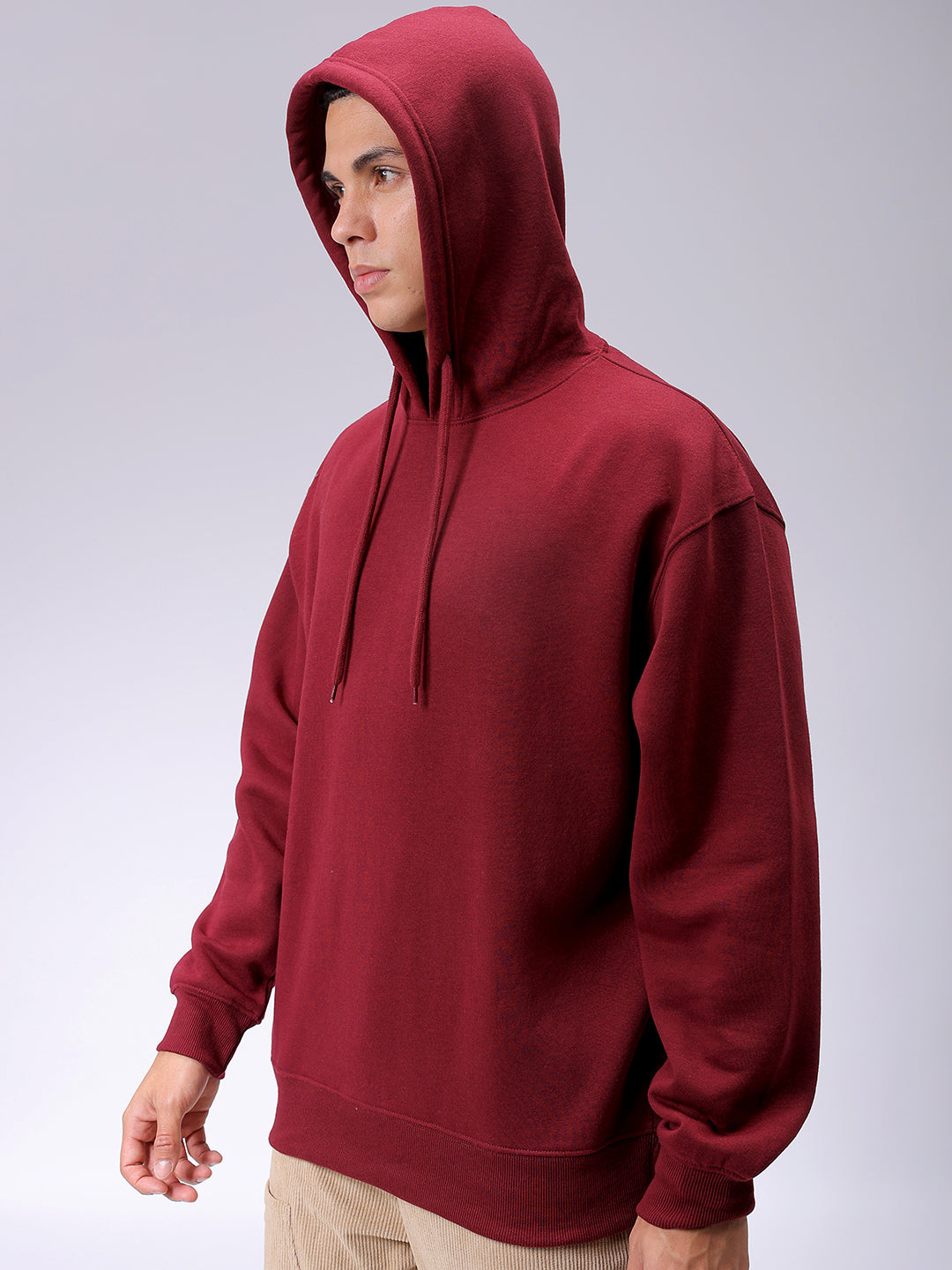 Men's Red Oversized Solid Overhead-Hooded Sweatshirt