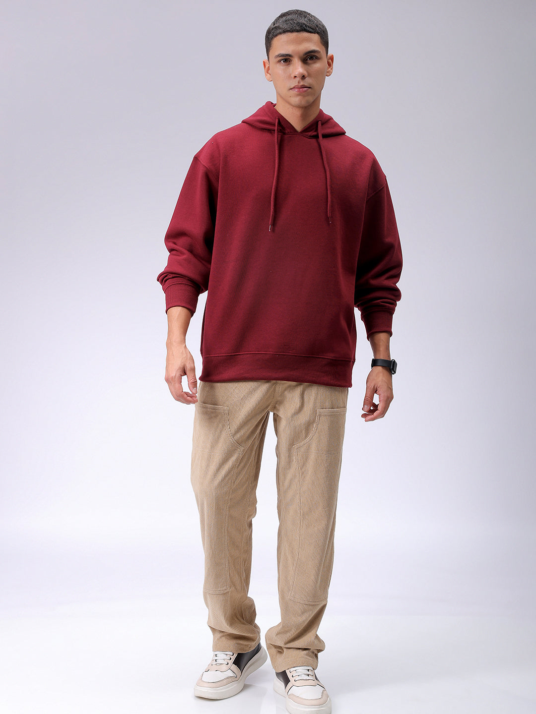 Men's Red Oversized Solid Overhead-Hooded Sweatshirt