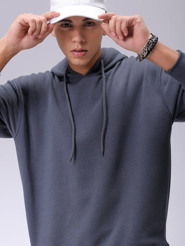 Men's Grey Oversized Solid Overhead-Hooded Sweatshirt