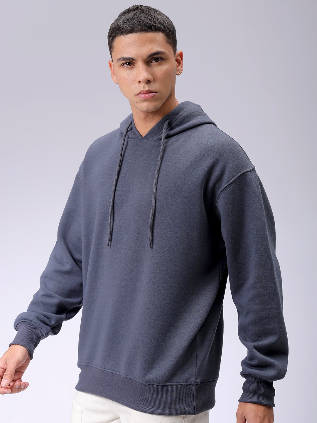 Men's Grey Oversized Solid Overhead-Hooded Sweatshirt