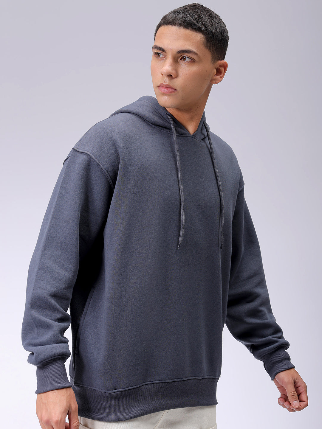 Men's Grey Oversized Solid Overhead-Hooded Sweatshirt