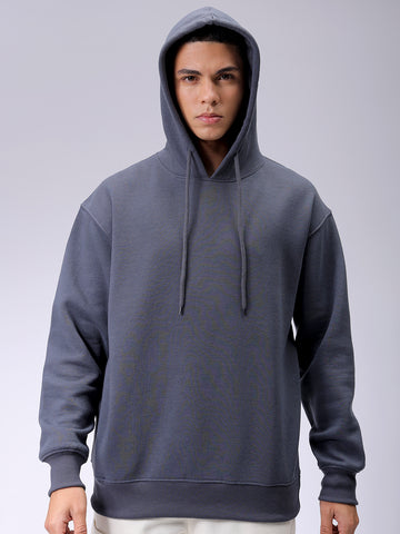 Men's Grey Oversized Solid Overhead-Hooded Sweatshirt