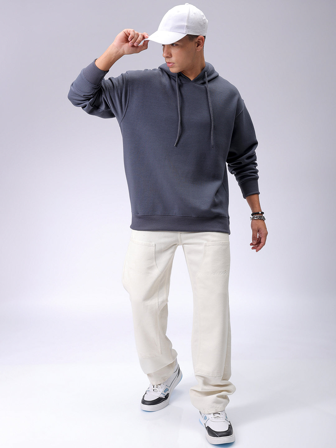 Men's Grey Oversized Solid Overhead-Hooded Sweatshirt