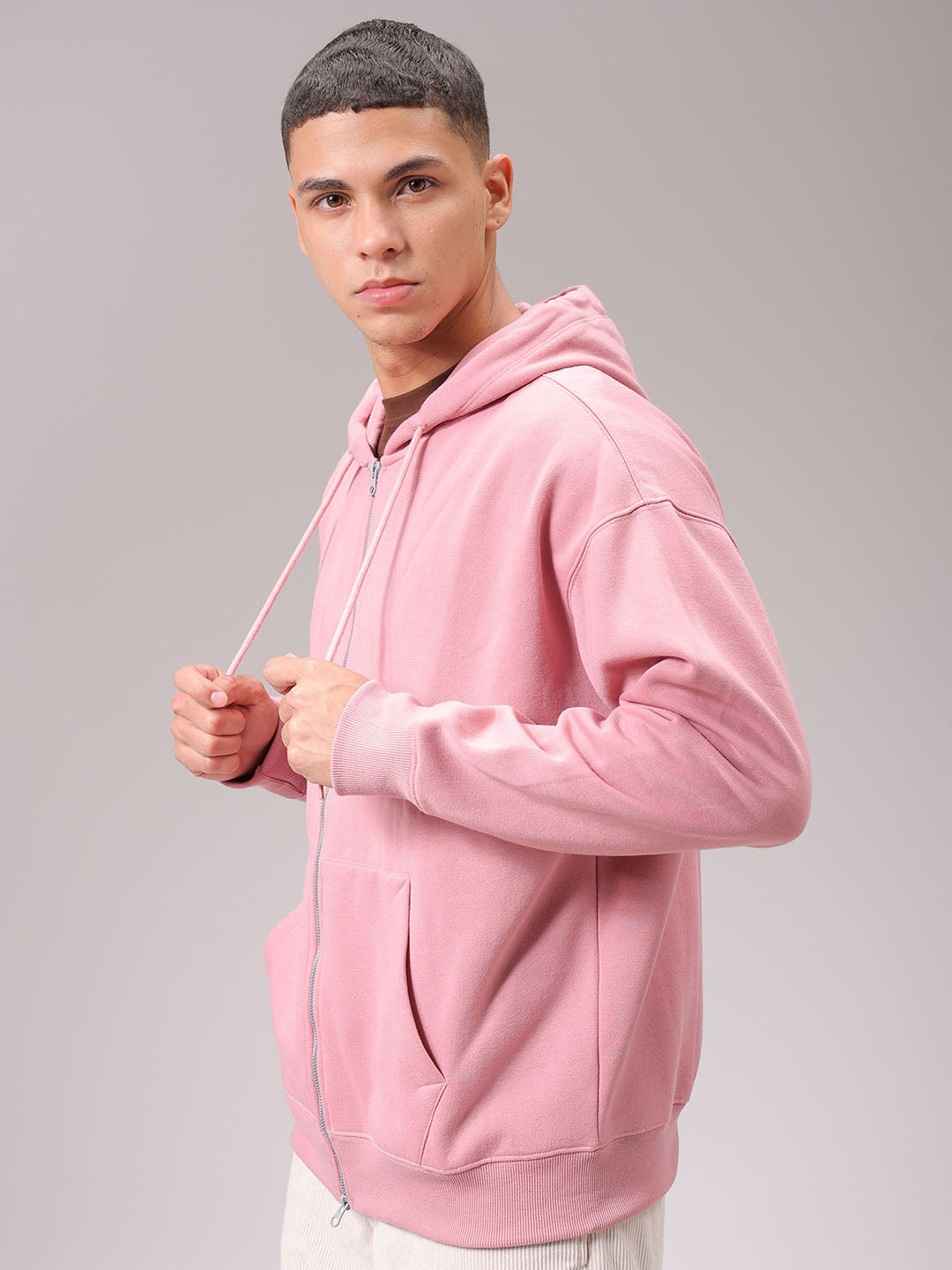 Men's Pink Relaxed Fit Solid Frontopen Zipperper-Hooded Sweatshirt