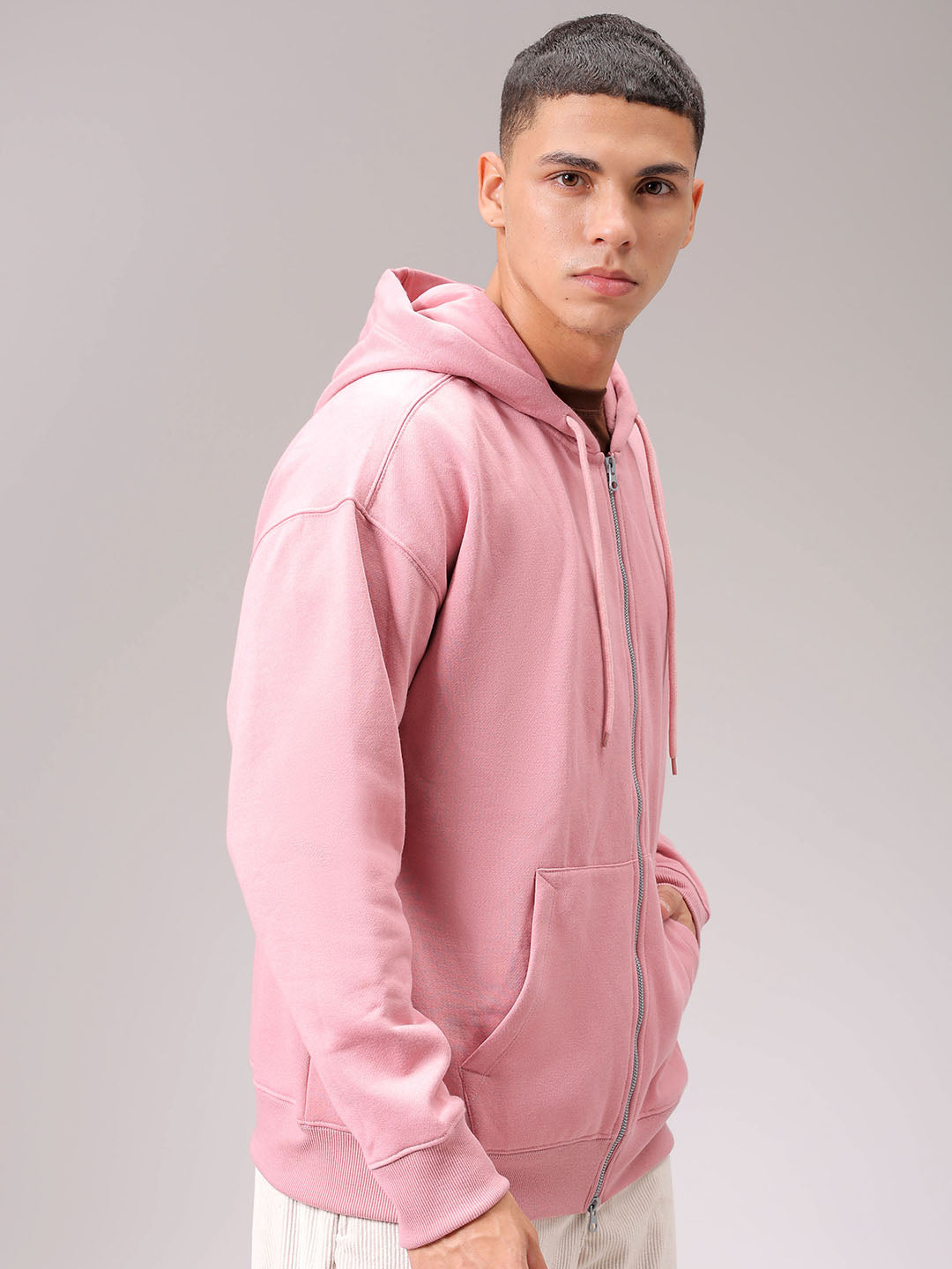 Men's Pink Relaxed Fit Solid Frontopen Zipperper-Hooded Sweatshirt