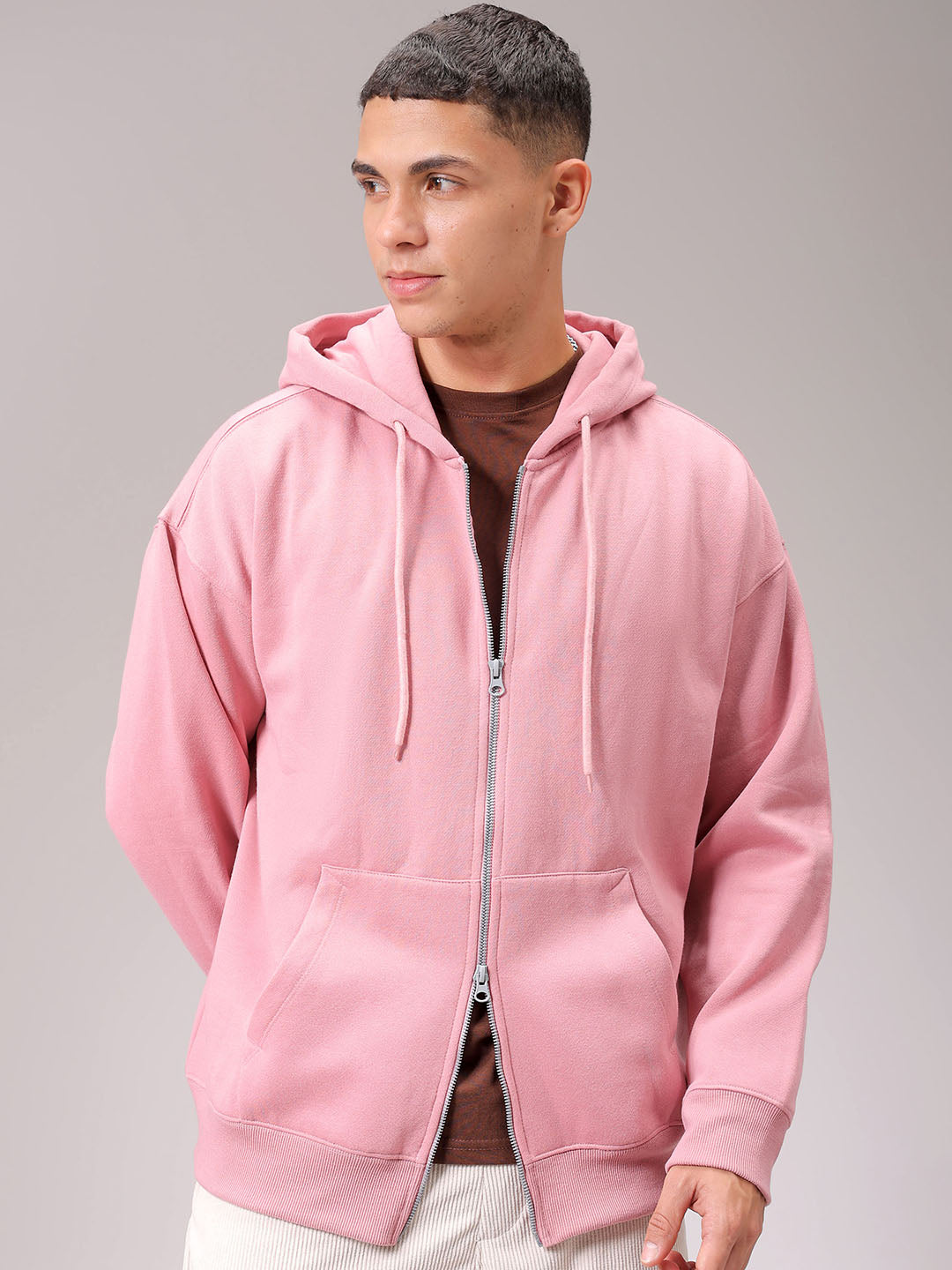 Men's Pink Relaxed Fit Solid Frontopen Zipperper-Hooded Sweatshirt