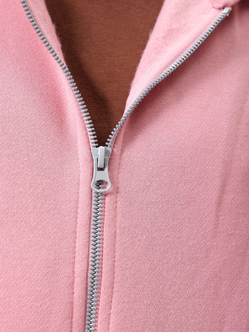 Men's Pink Relaxed Fit Solid Frontopen Zipperper-Hooded Sweatshirt
