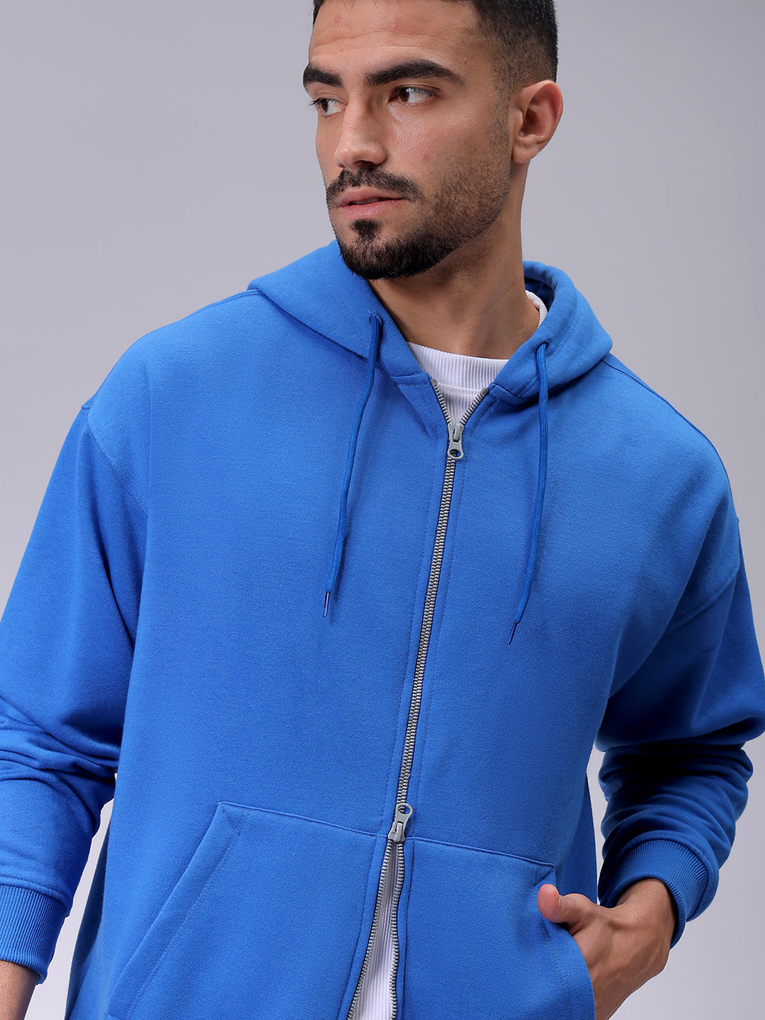 Men's Blue Relaxed Fit Solid Frontopen Zipper-Hooded Sweatshirt