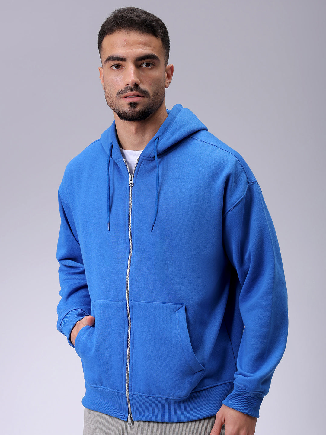 Men's Blue Relaxed Fit Solid Frontopen Zipper-Hooded Sweatshirt