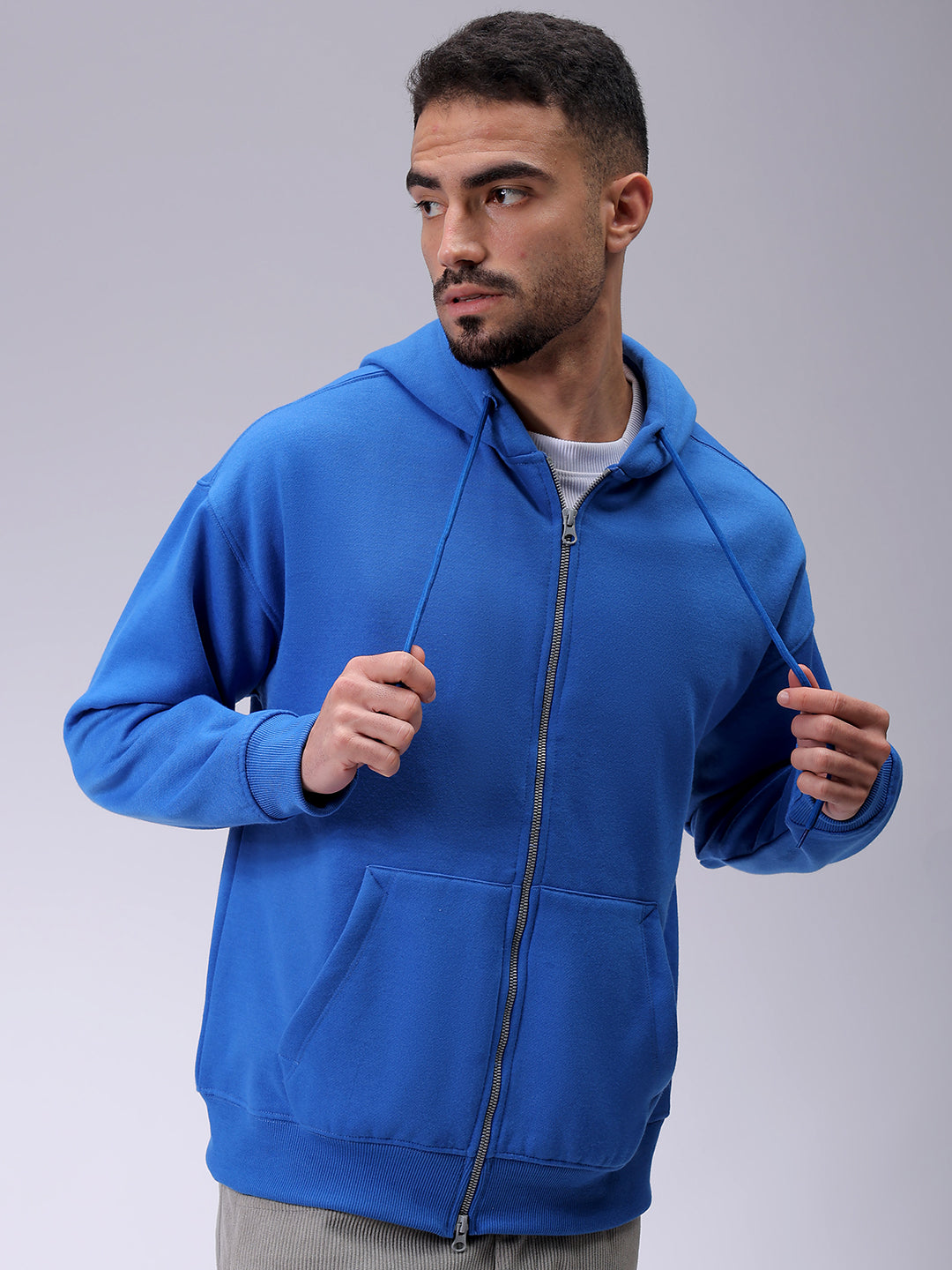 Men's Blue Relaxed Fit Solid Frontopen Zipper-Hooded Sweatshirt