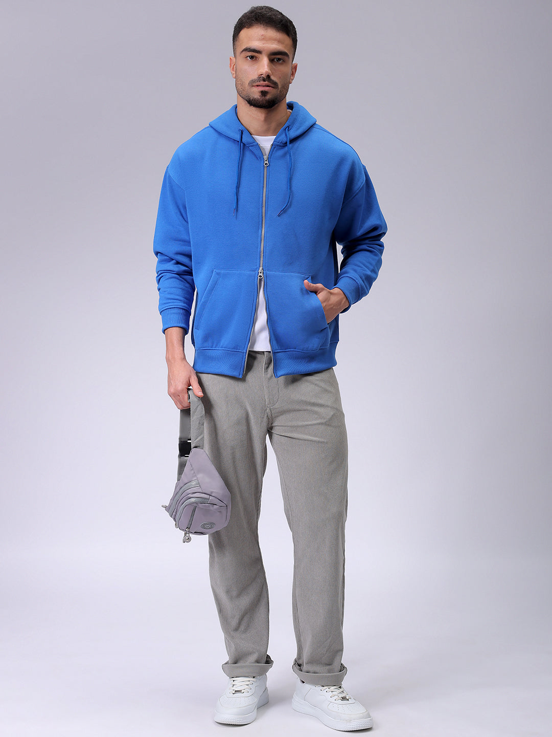 Men's Blue Relaxed Fit Solid Frontopen Zipper-Hooded Sweatshirt