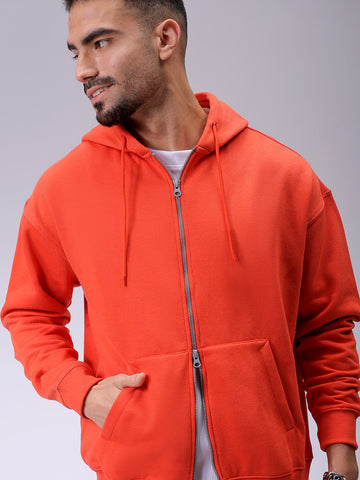 Men's Orange Relaxed Fit Solid Frontopen Zipperper-Hooded Sweatshirt