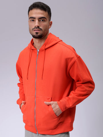 Men's Orange Relaxed Fit Solid Frontopen Zipperper-Hooded Sweatshirt