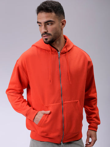 Men's Orange Relaxed Fit Solid Frontopen Zipperper-Hooded Sweatshirt