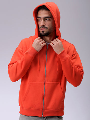 Men's Orange Relaxed Fit Solid Frontopen Zipperper-Hooded Sweatshirt