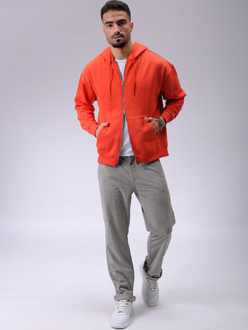 Men's Orange Relaxed Fit Solid Frontopen Zipperper-Hooded Sweatshirt
