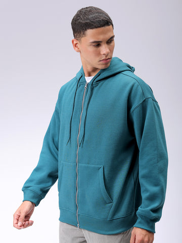 Men's Green Relaxed Fit Solid Frontopen Zipperper-Hooded Sweatshirt