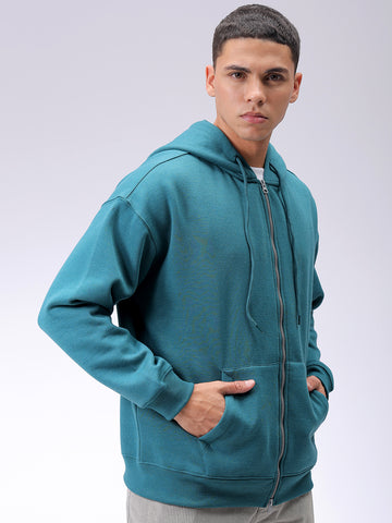 Men's Green Relaxed Fit Solid Frontopen Zipperper-Hooded Sweatshirt