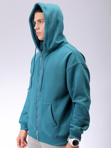 Men's Green Relaxed Fit Solid Frontopen Zipperper-Hooded Sweatshirt