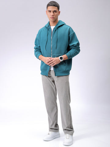 Men's Green Relaxed Fit Solid Frontopen Zipperper-Hooded Sweatshirt