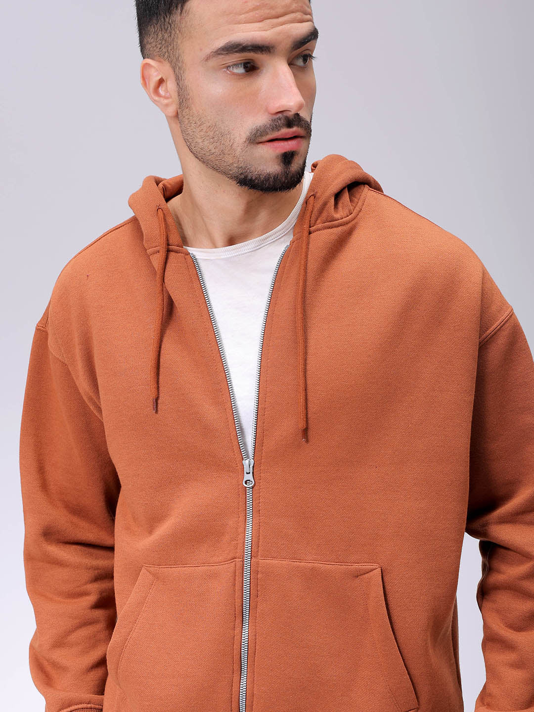 Men's Beige Relax Fit Solid Frontopen Zipper-Hooded Sweatshirt