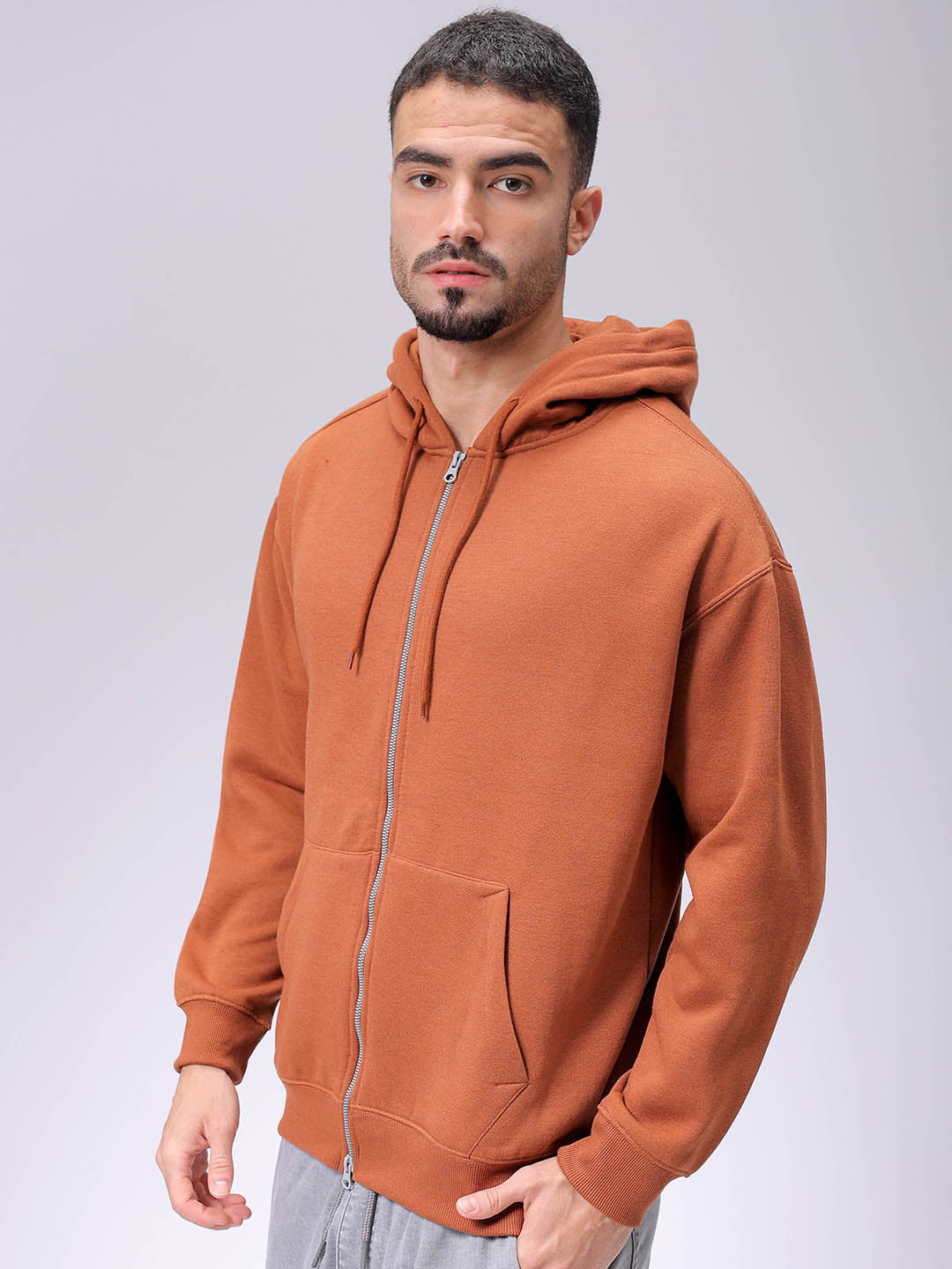 Men's Beige Relax Fit Solid Frontopen Zipper-Hooded Sweatshirt