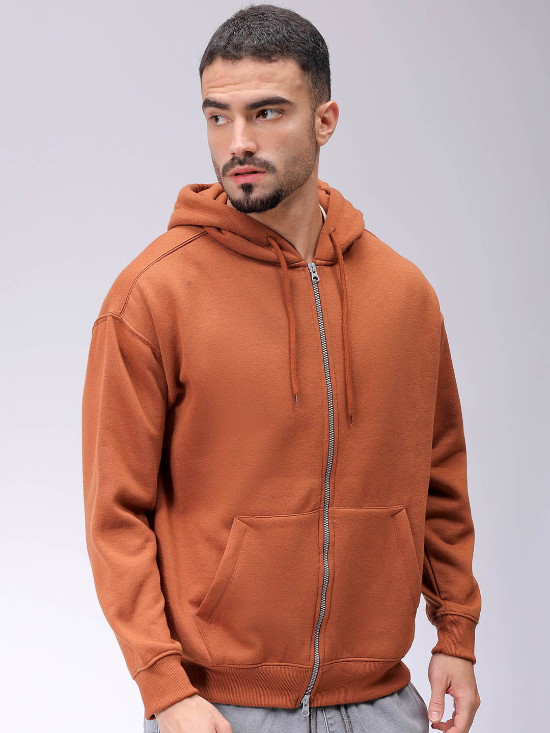 Men's Beige Relax Fit Solid Frontopen Zipper-Hooded Sweatshirt